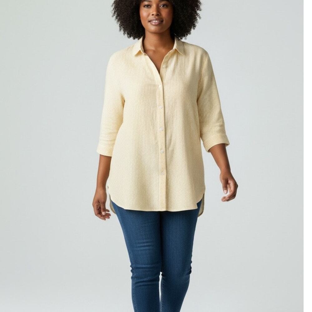Coldwater Creek Yellow Striped Linen Button Down Shirt Size PXL 3/4 Sleeve